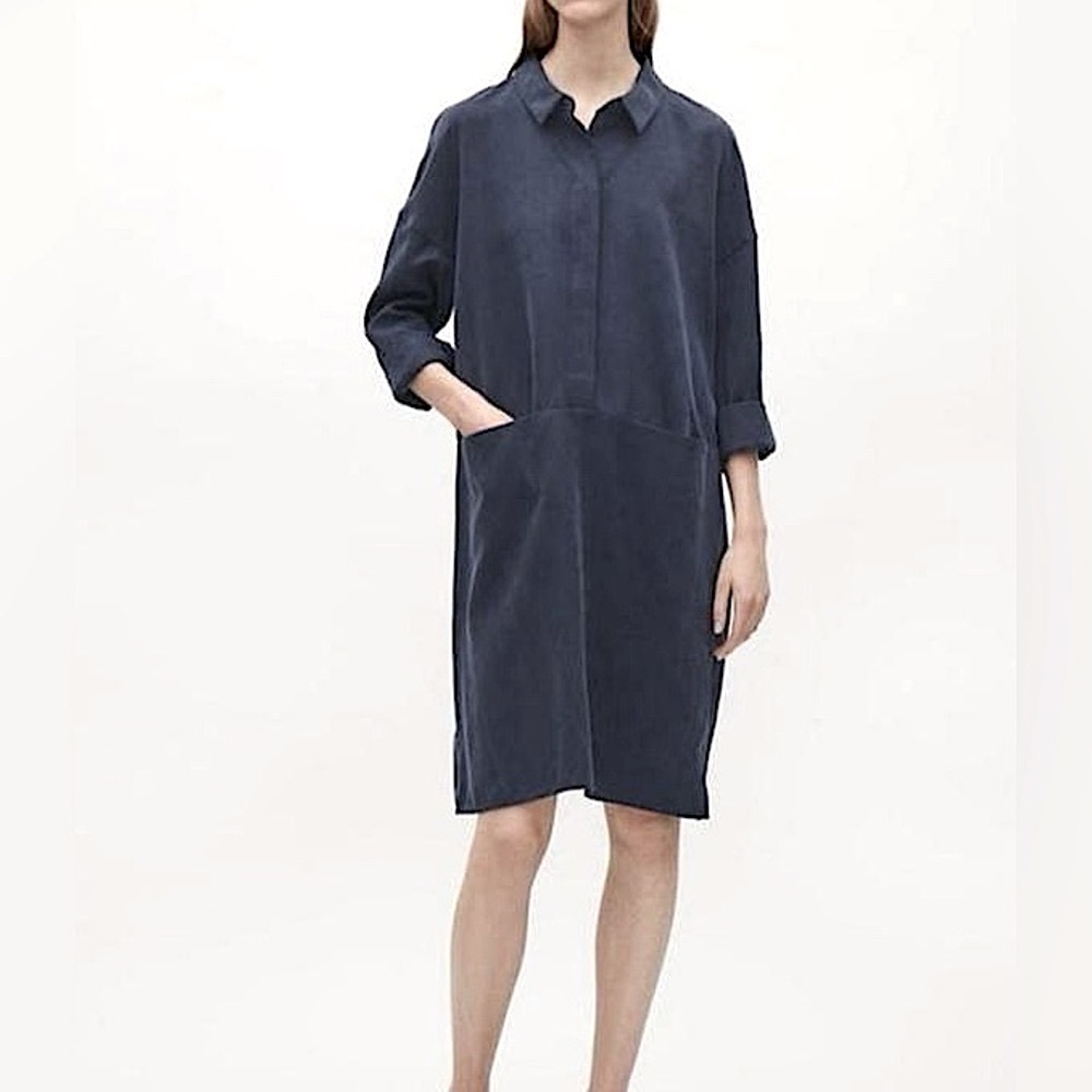 COS Collared Oversized Midi Knee Length Minimalist Shirt Dress, Navy/Gray, XS‎